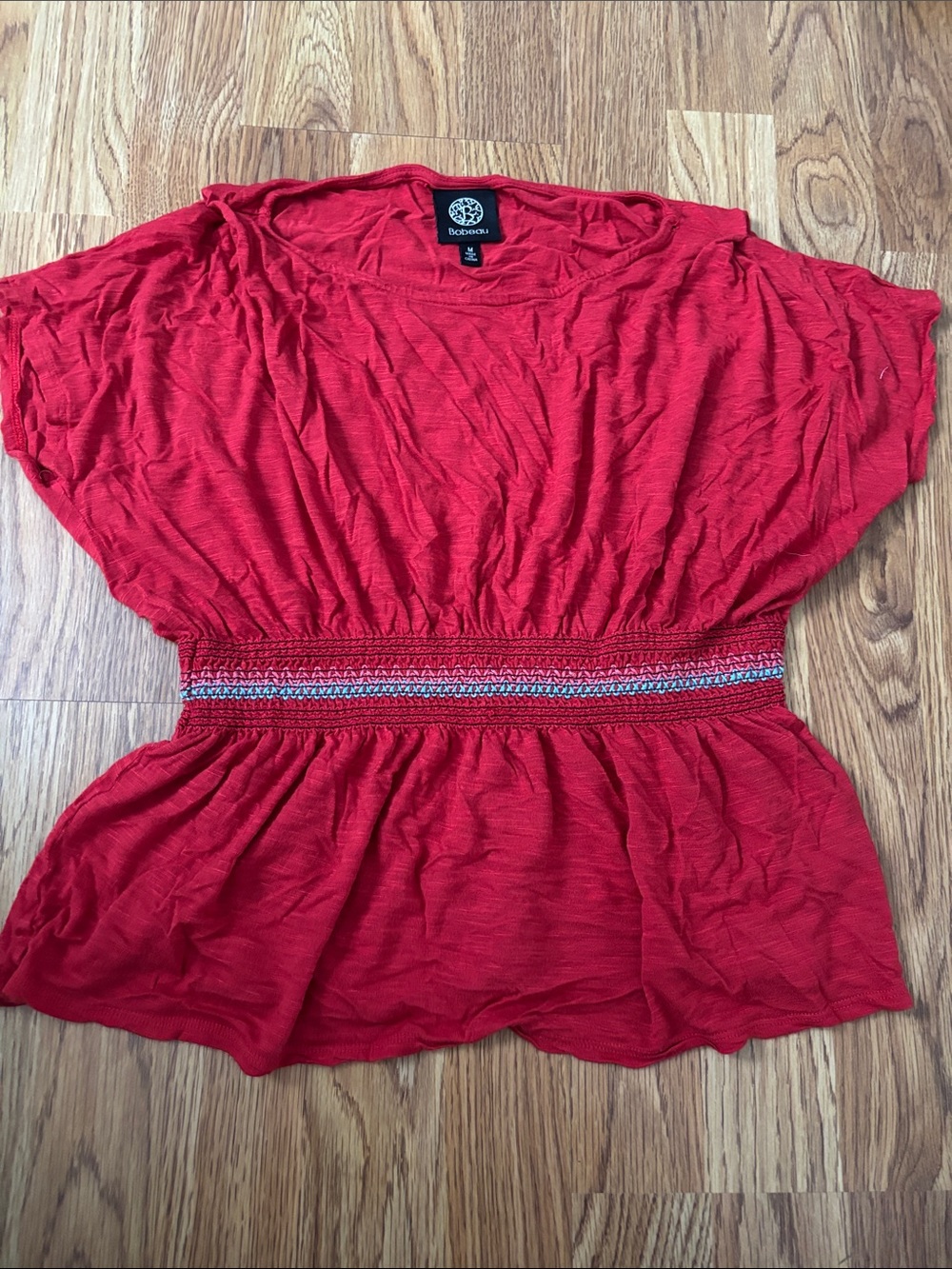 bobeau Red Short-Sleeve Smocked-Waist Peplum Top
